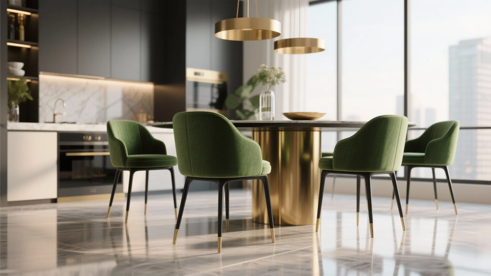 Modern dining chairs with green upholstery and slim black metal legs in condo