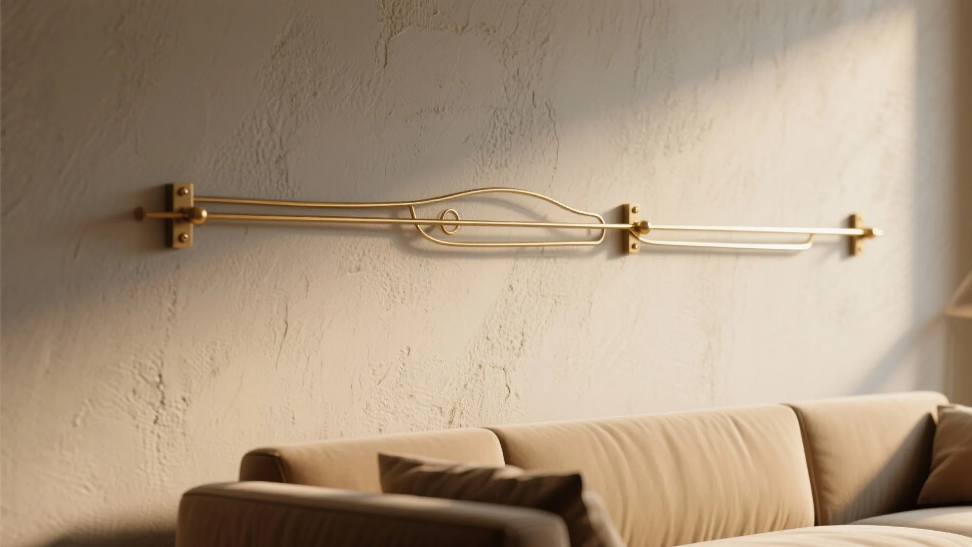 Gold metal wall decoration mounted on a textured wall above a soft beige fabric sofa
