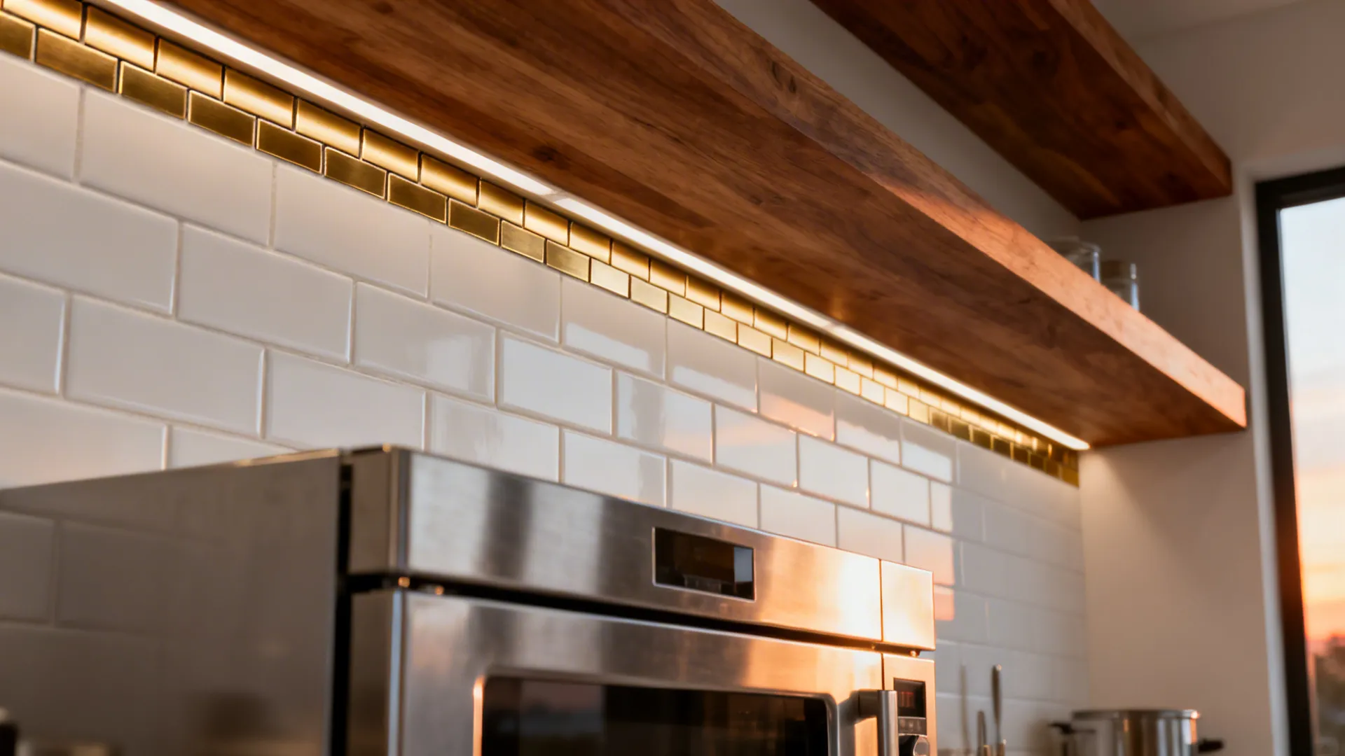 White ceramic backsplash framed with a slim brushed-brass liner under under-cabinet lights.