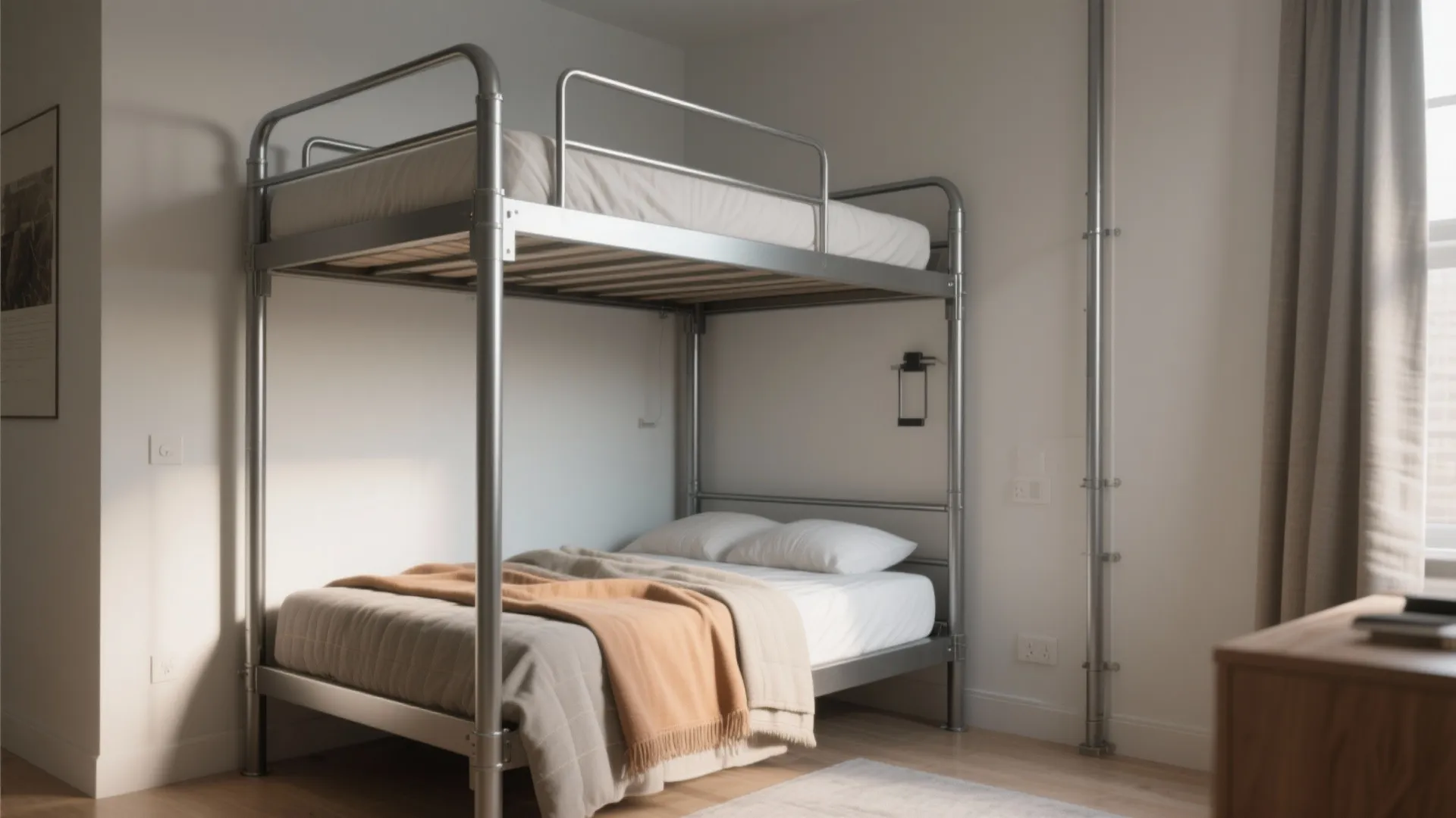 Silver metal bunk bed with white bedding and orange blanket in a minimalist bright bedroom