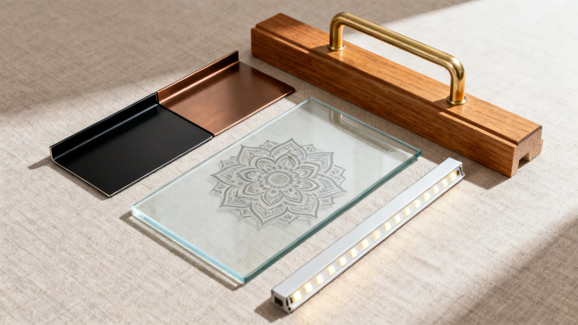 Flatlay of black and bronze metal, etched glass, wood threshold, brass handle, and LED strip