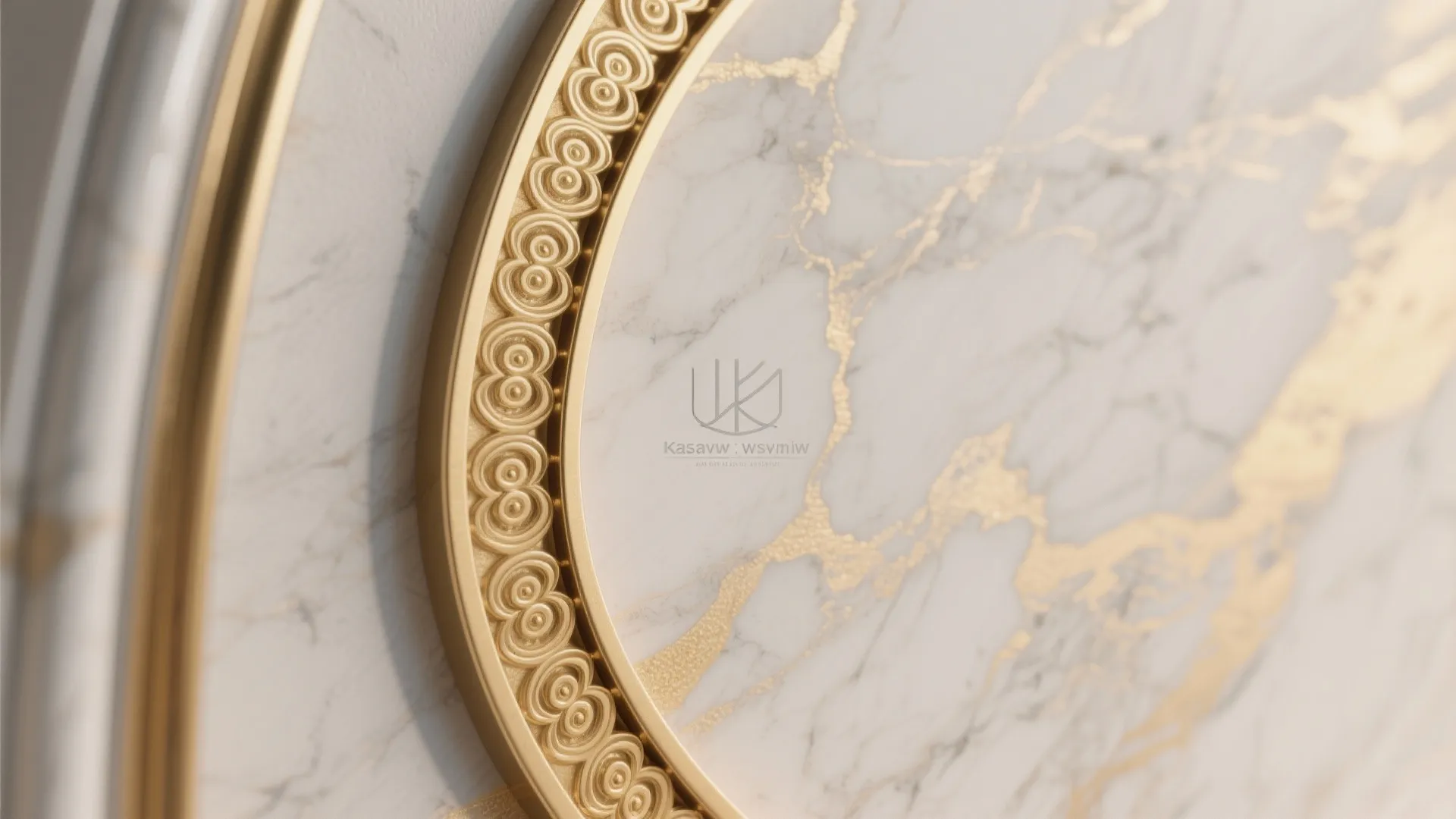 Close up of white marble surface with golden veins and decorative gold metal frame pattern