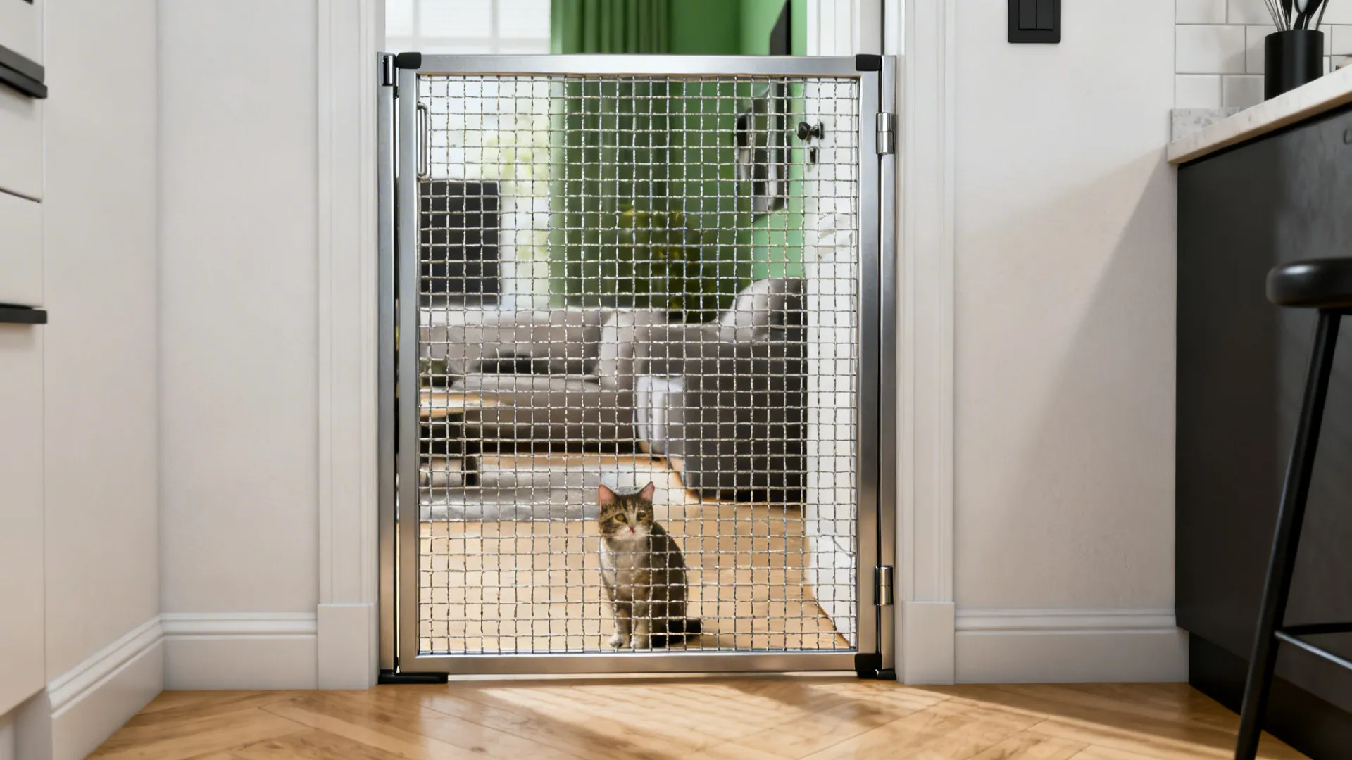 Powder-coated metal mesh kitchen gate with rounded trims allowing airflow and visibility.