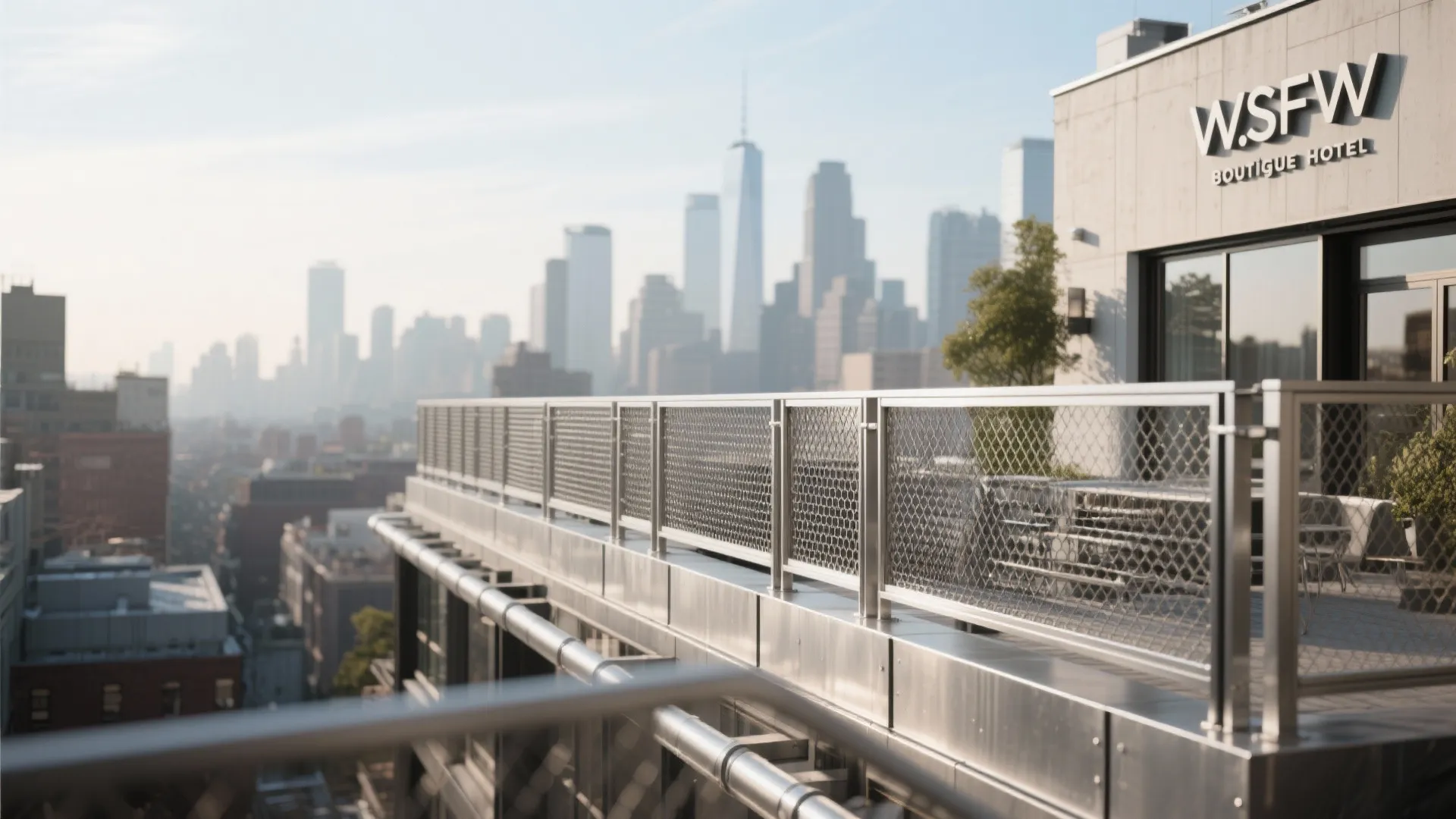 Modern hotel rooftop terrace featuring silver metal mesh safety railing with a blurred city skyline