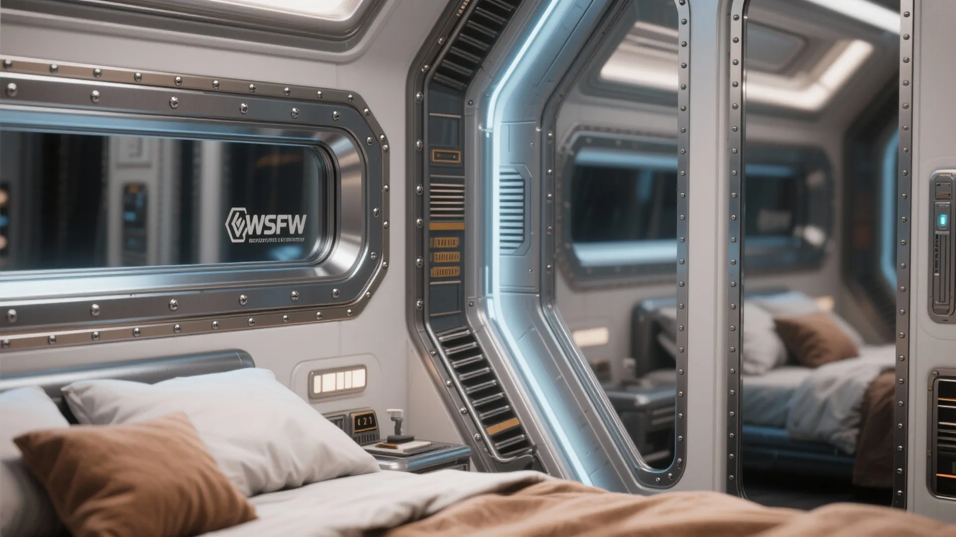 Brushed metal trims and narrow mirrored panels with warm textiles balancing the look.