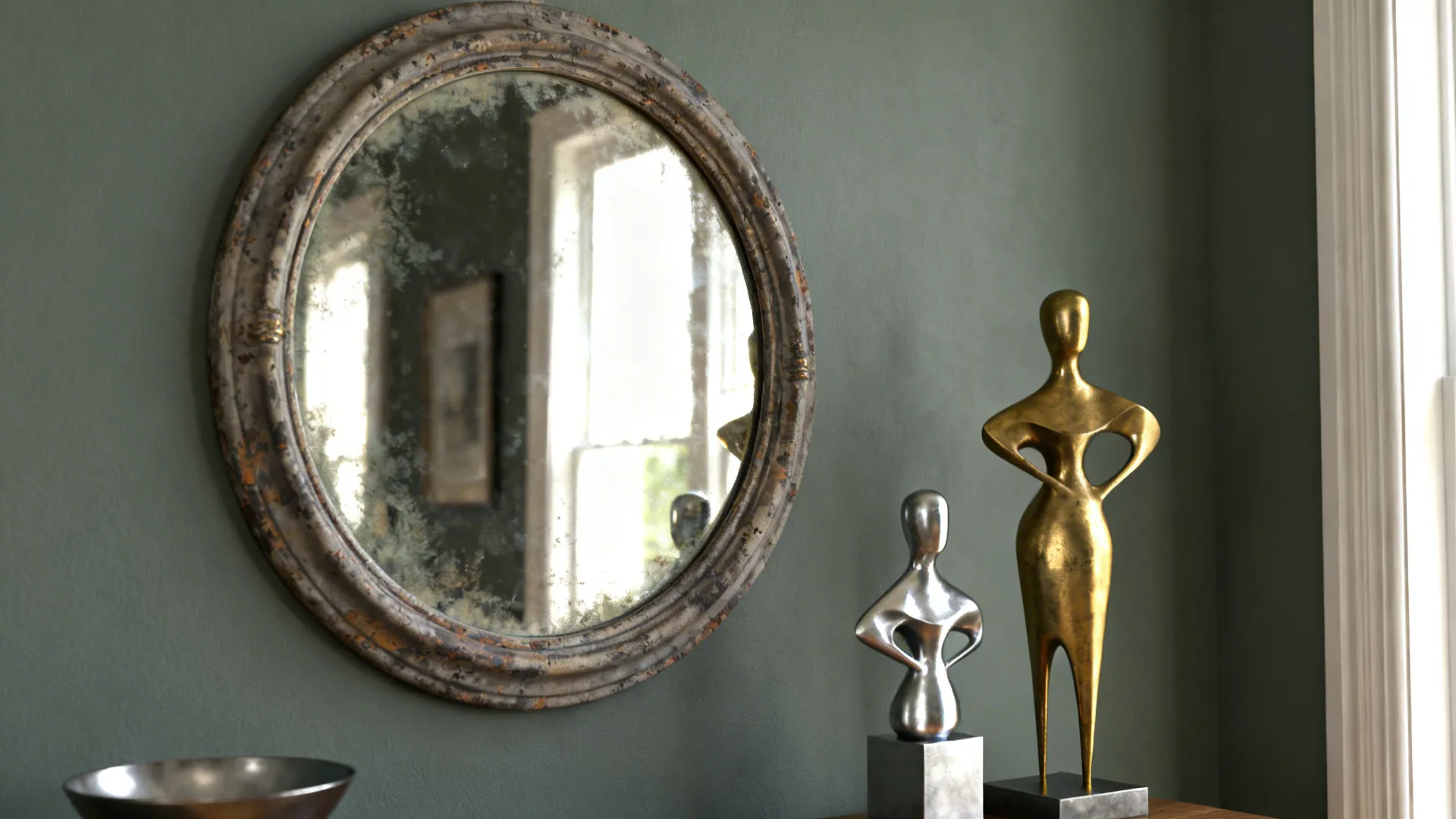 Round mirror on green wall next to gold and silver human statues on wooden table