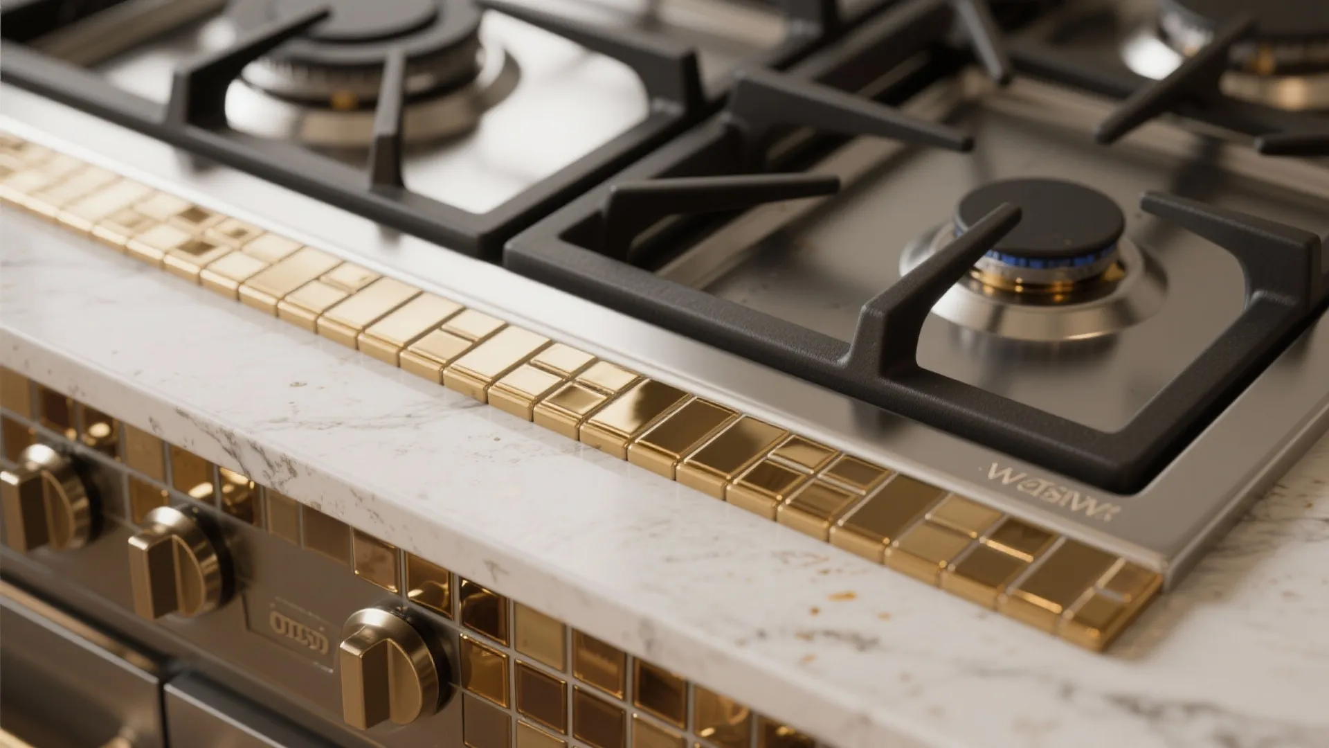 Close up of gold decorative metal strips on a white marble countertop near a stove