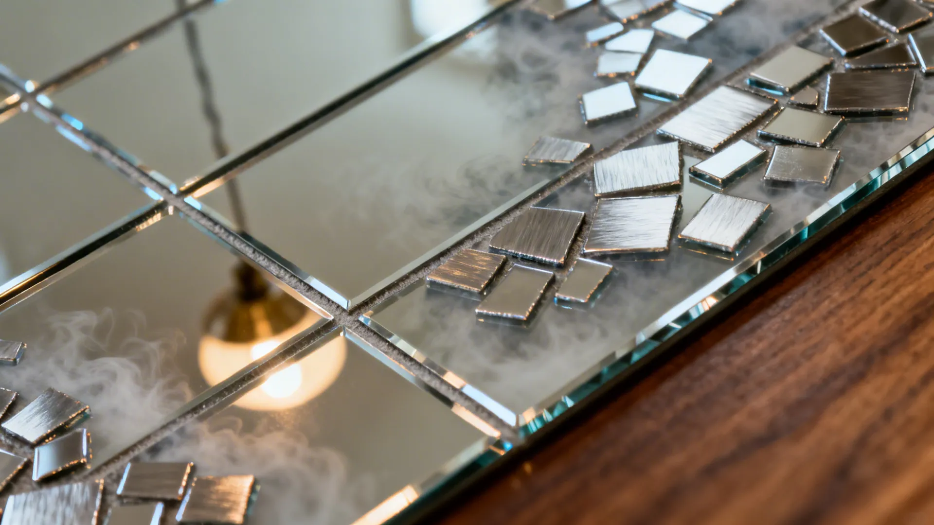 Macro of smoke mirror and brushed metal mosaic with clean grout.