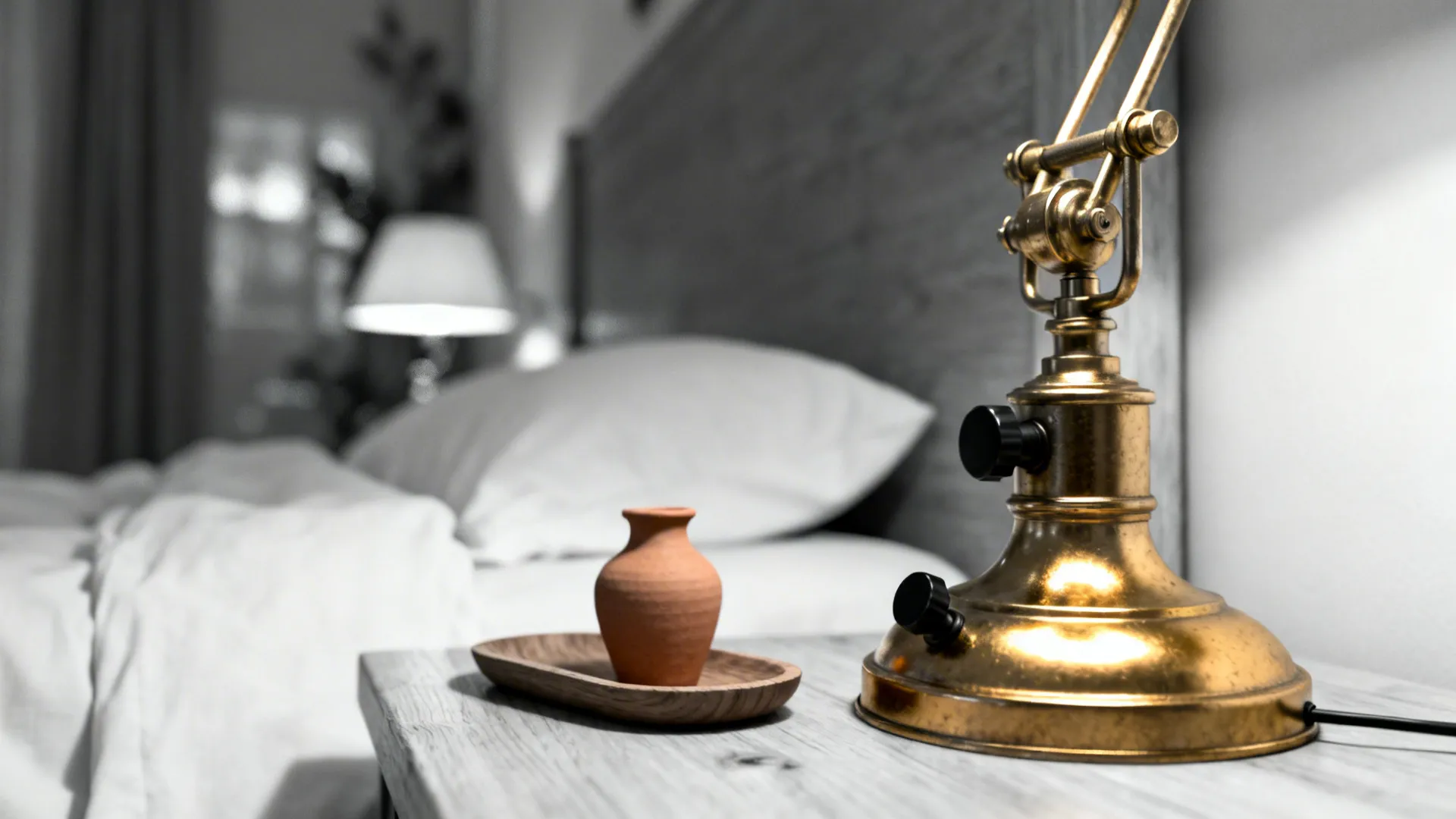 Brass bedside lamp and light wood table with matte black hardware and a small terracotta vase in a monochrome bedroom.