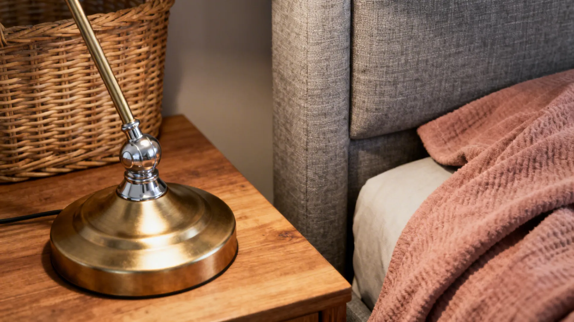 Brushed brass lamp, grey linen headboard and rattan basket close-up