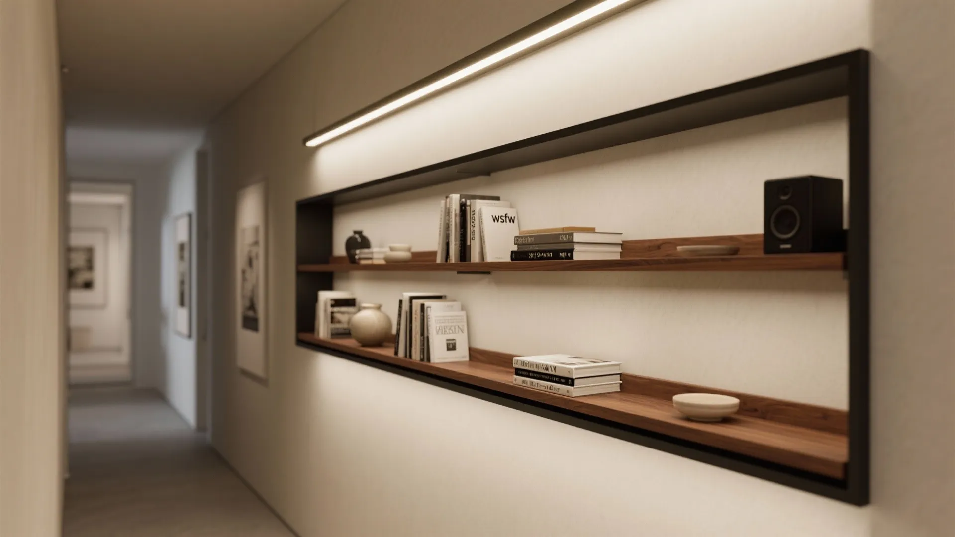 Recessed wall shelf with wooden boards holding books and decor under long modern wall light