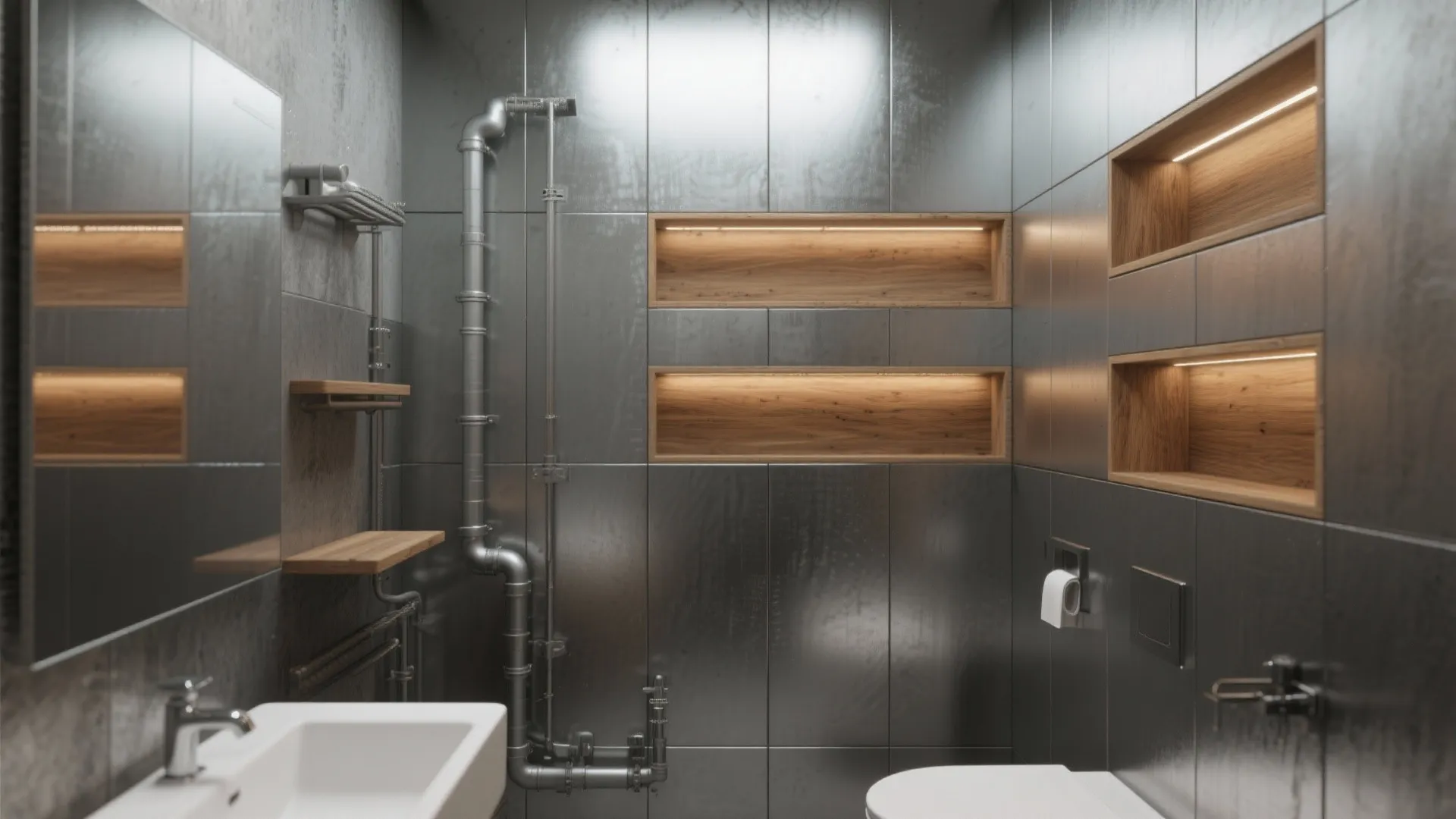 5. Slim Metal-Look Panels with Integrated Shelving