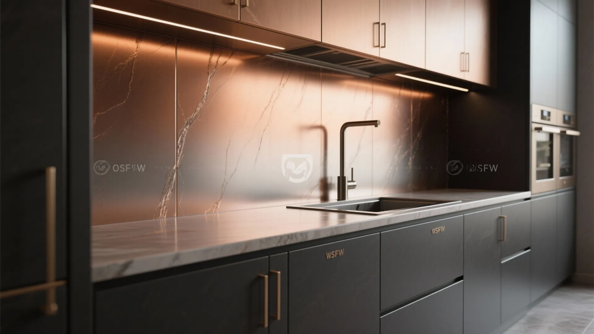 Kitchen lower cabinets with a metallic ombre fade from copper to charcoal and a matching splashback.