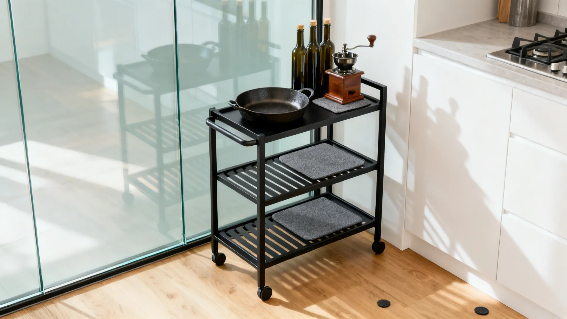 Open-frame black metal kitchen trolley with slatted shelves in a bright corner.
