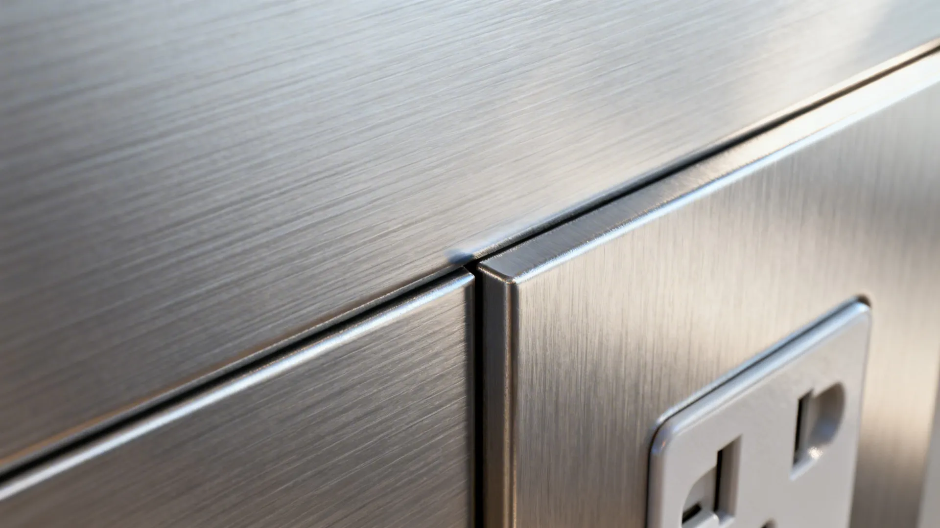 Macro of brushed aluminum peel panel with fine grain and clean seam.