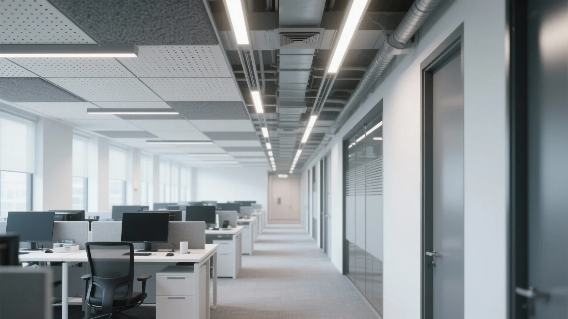 Long office hallway with white desks black chairs grey ceiling panels and bright strip lights