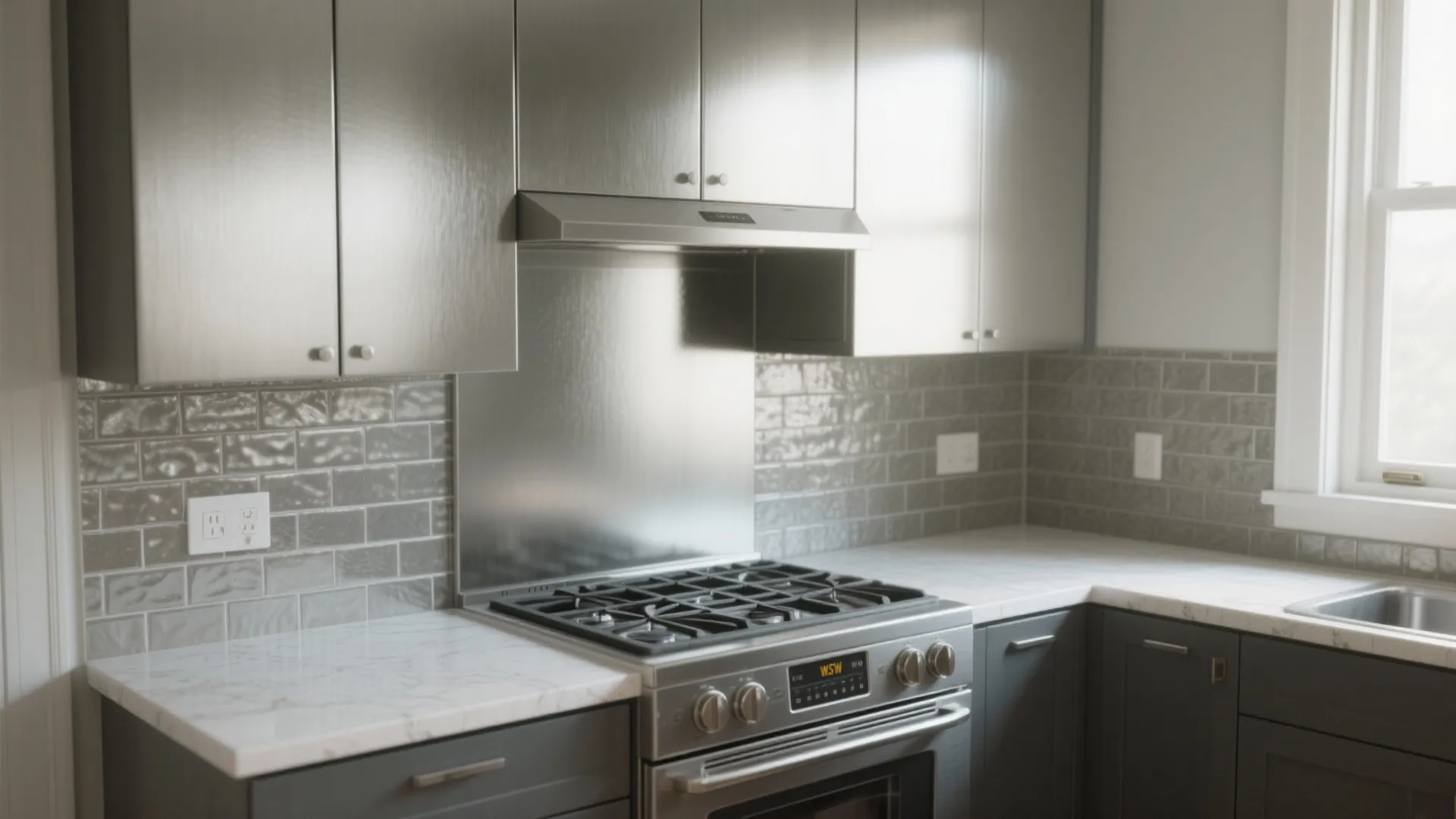 Modern kitchen with stainless steel cabinets grey tiled wall white marble countertop and gas stove