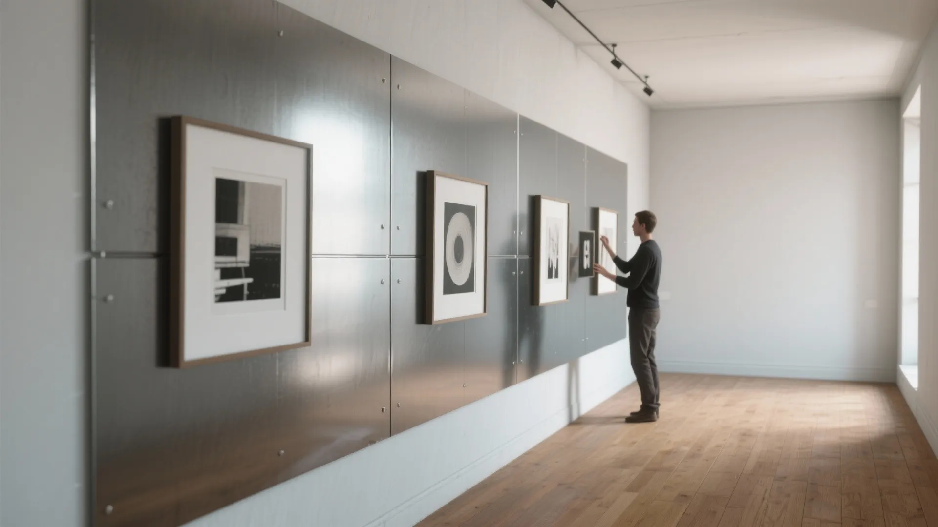 A man standing in a bright room looking at framed pictures on grey wall panels