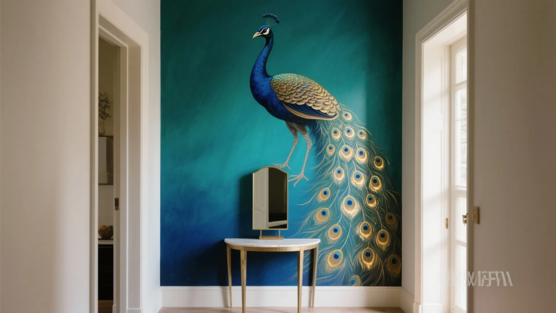 Metallic Peacock Mural with Gradient Blues