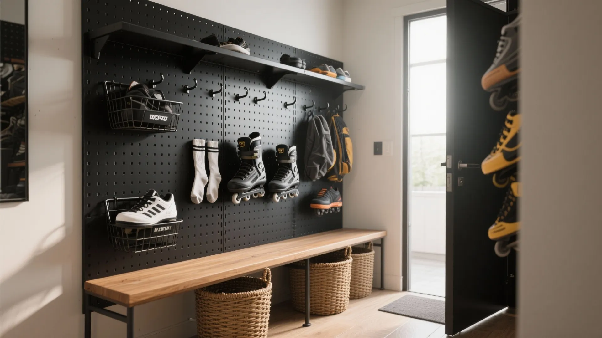 Perforated metal pegboard shoe wall (hooks, rails, and baskets)