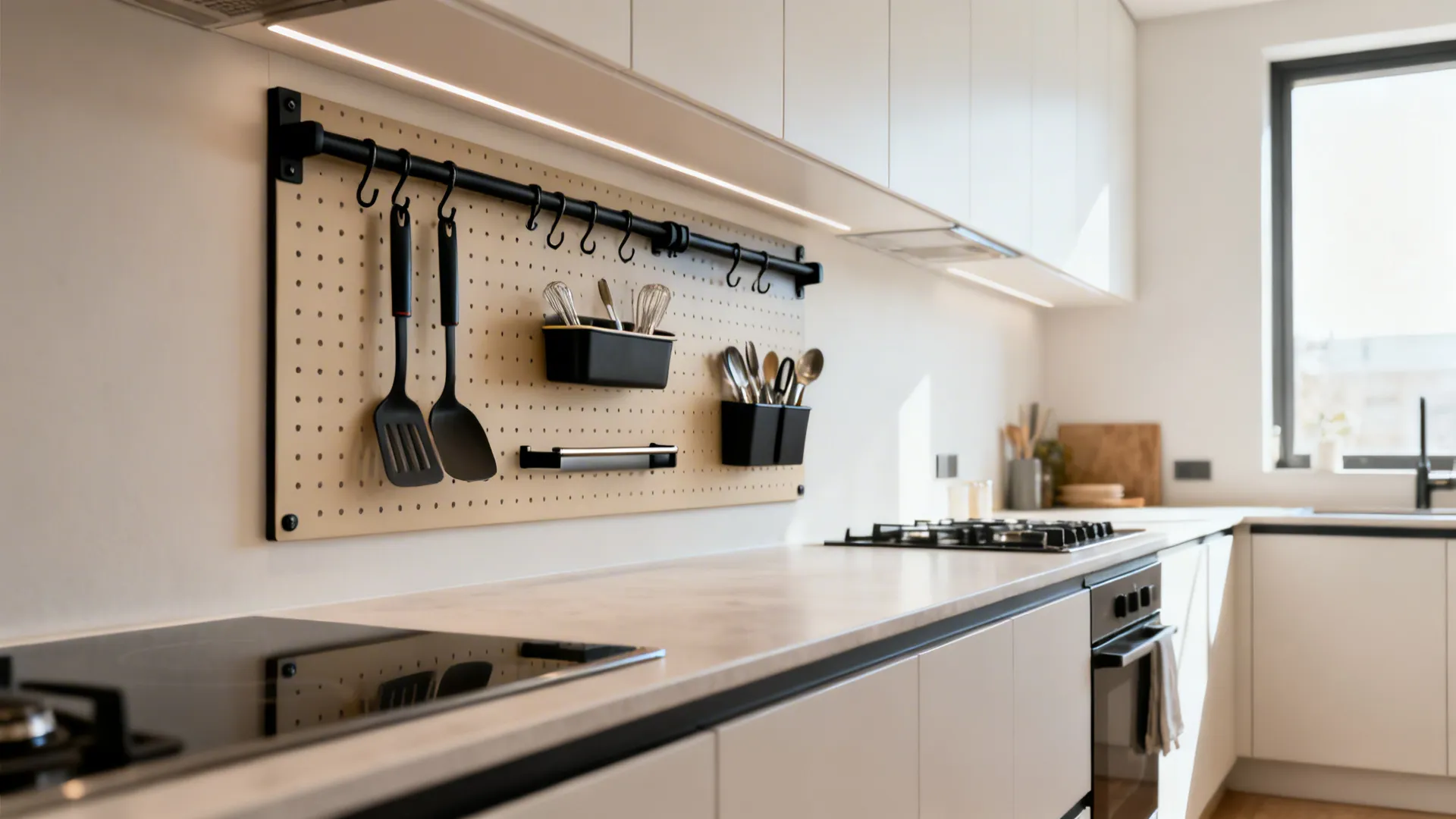 Metal pegboard with mixed hooks neatly organizes utensils beside the prep counter.