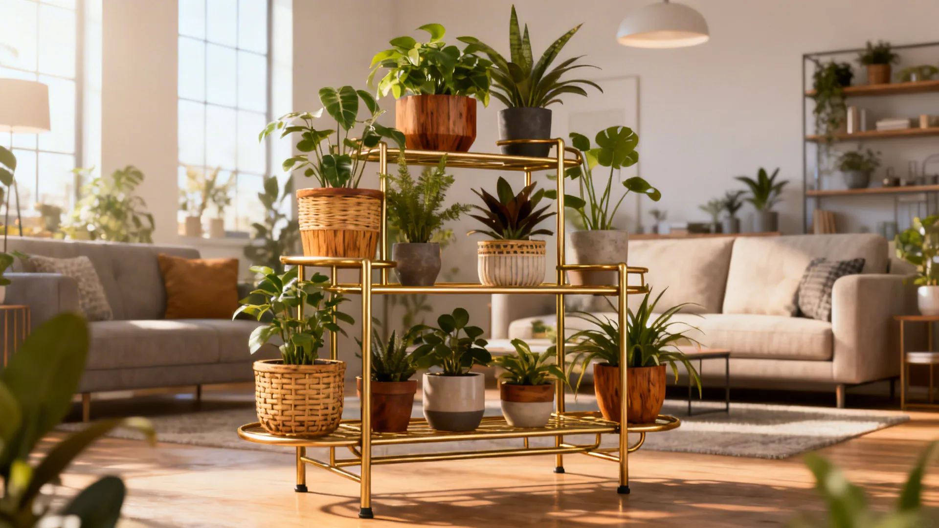 Brass-toned multi-tiered metal plant stand styled with wooden and rattan pots in a modern living room.