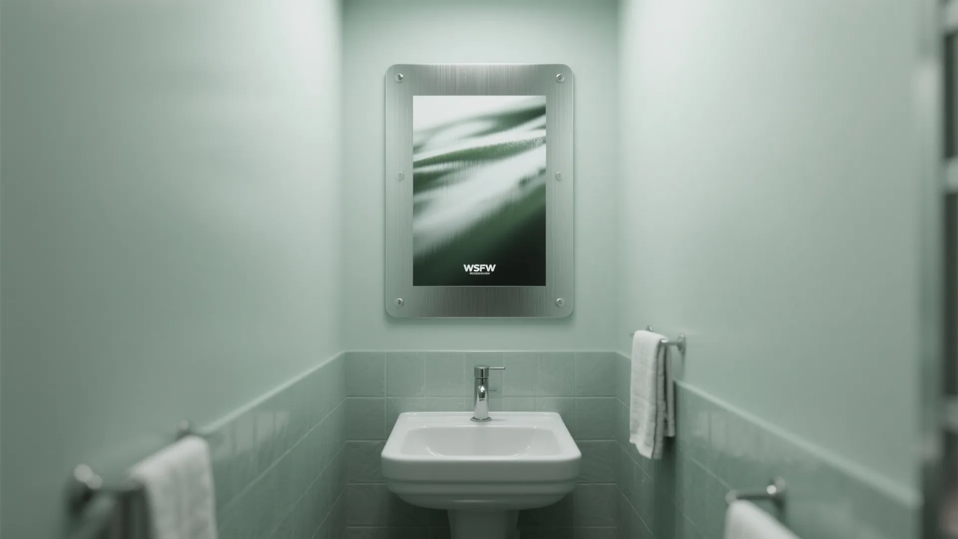 Modern mint green bathroom featuring white sink and framed art print on the tiled wall