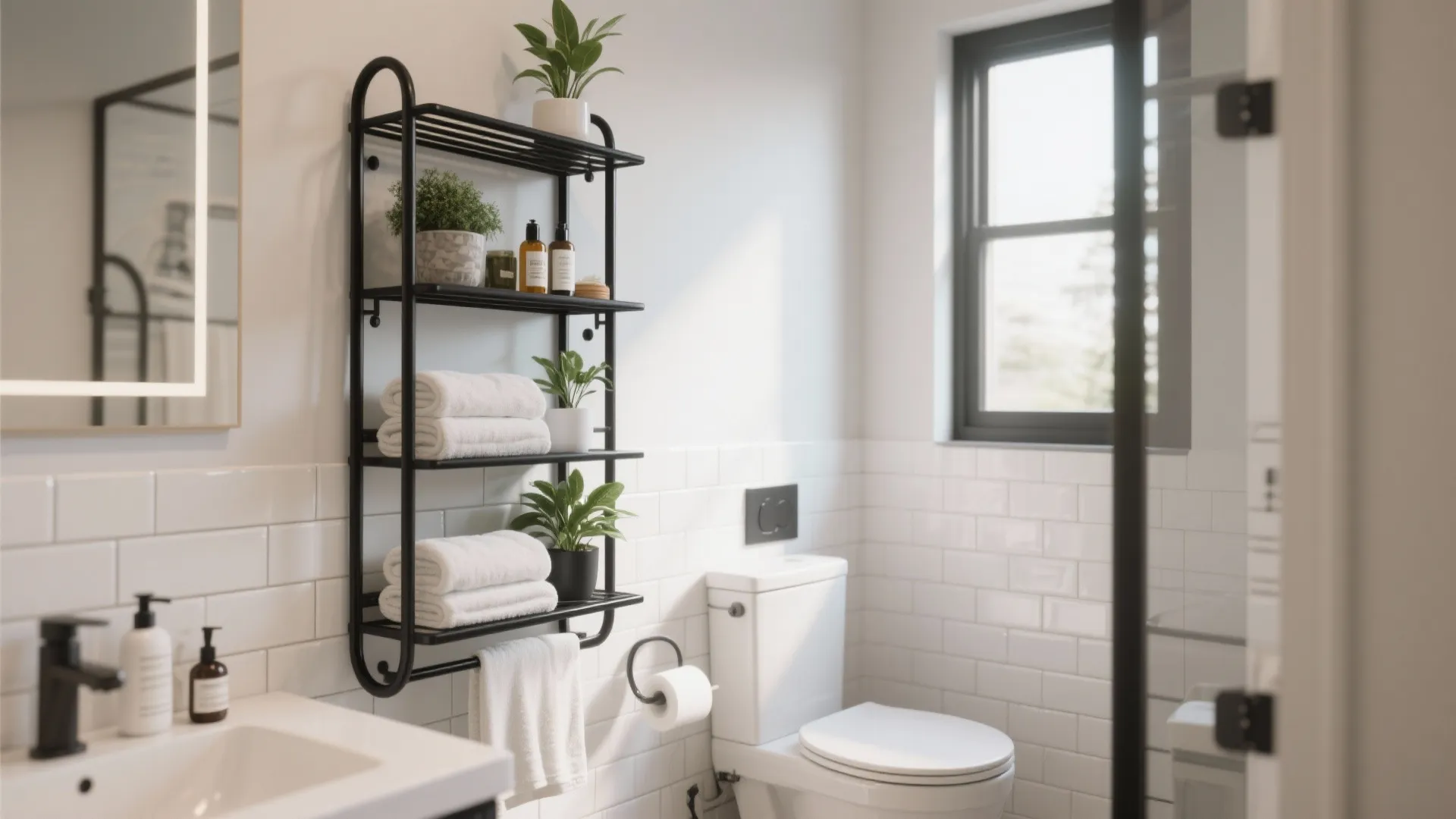 Modern bathroom featuring black metal wall rack with white folded towels green plants and bottles