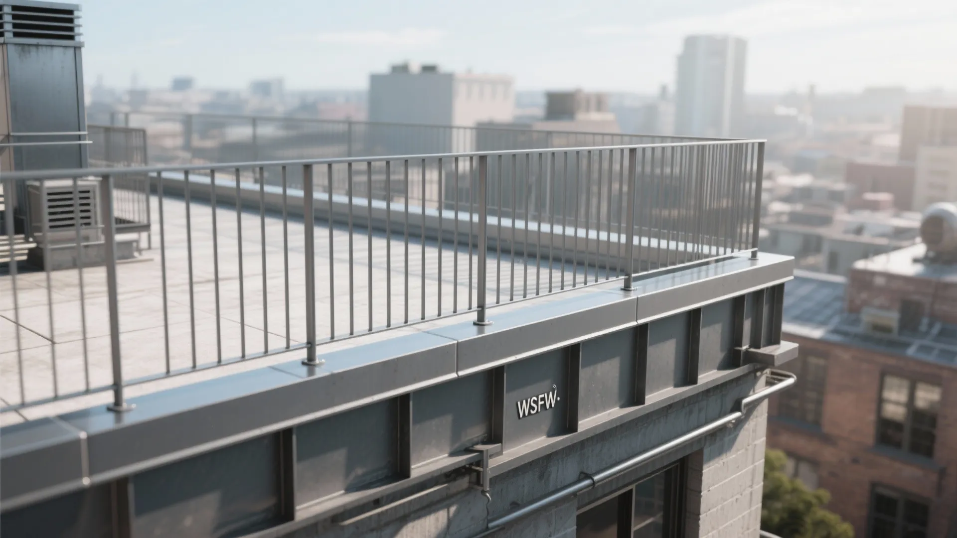 Modern rooftop terrace with metal railing and city view under a clear blue sunny sky
