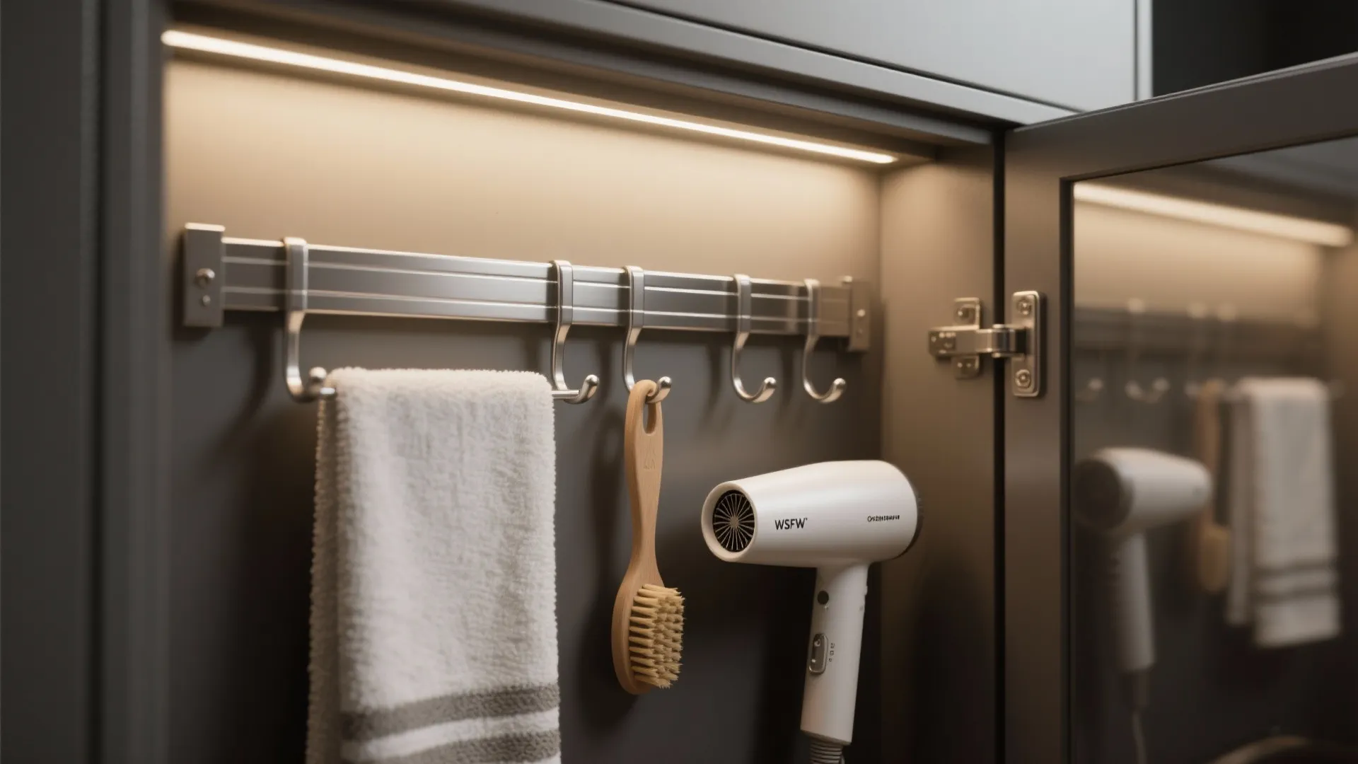 Adjustable metal rails with hooks inside a cabinet door holding towels and hair tools