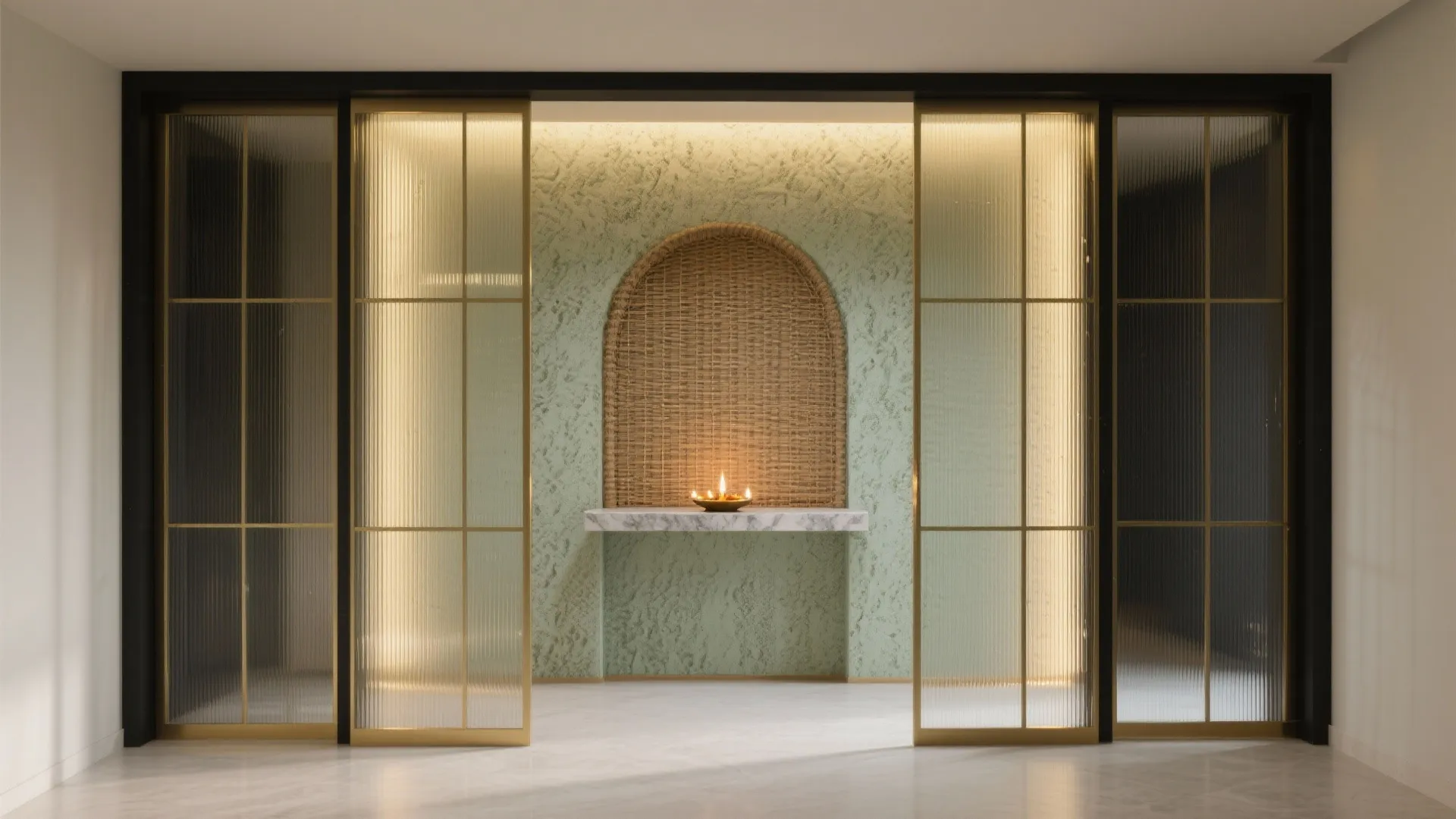 Slim metal-framed reeded glass partition with a textured lime plaster backdrop and warm grazing light.