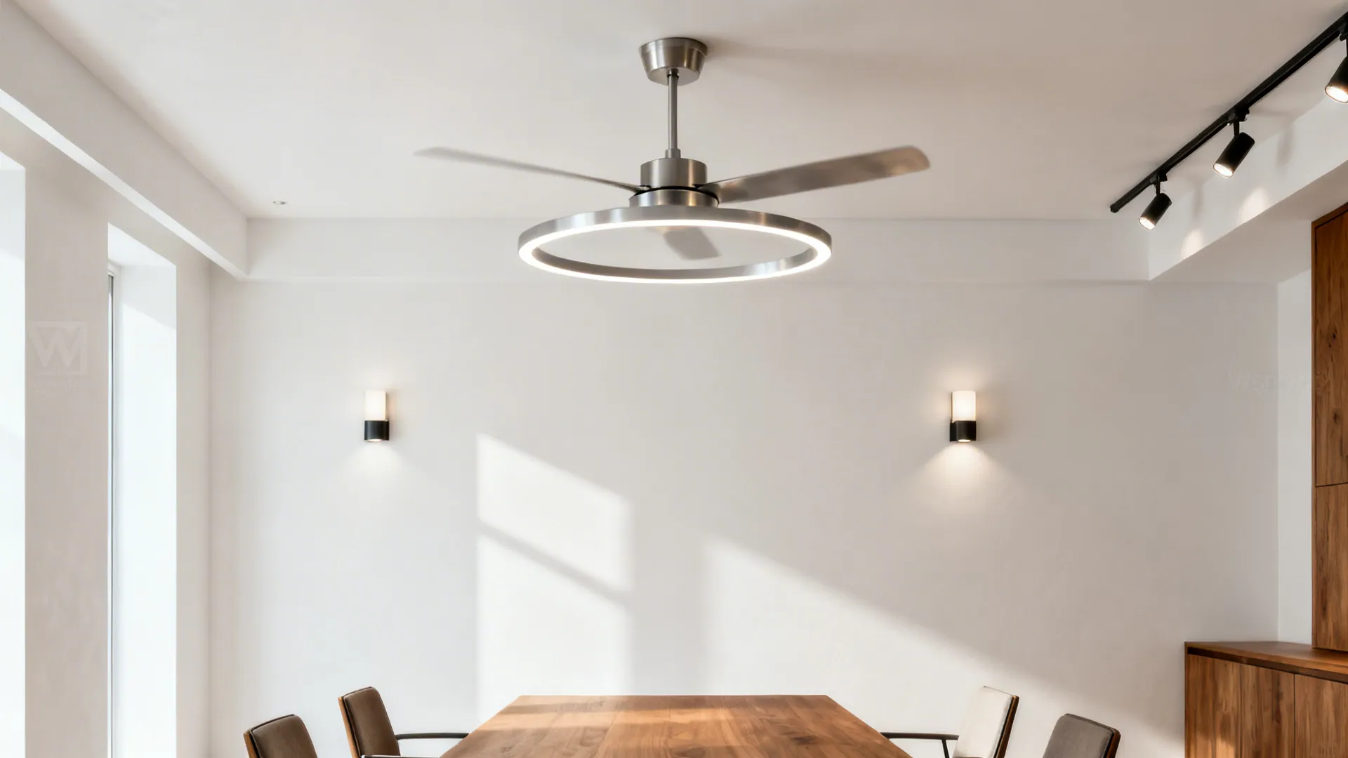 Minimalist dining ceiling with a slim metal ring neatly integrating the ceiling fan.