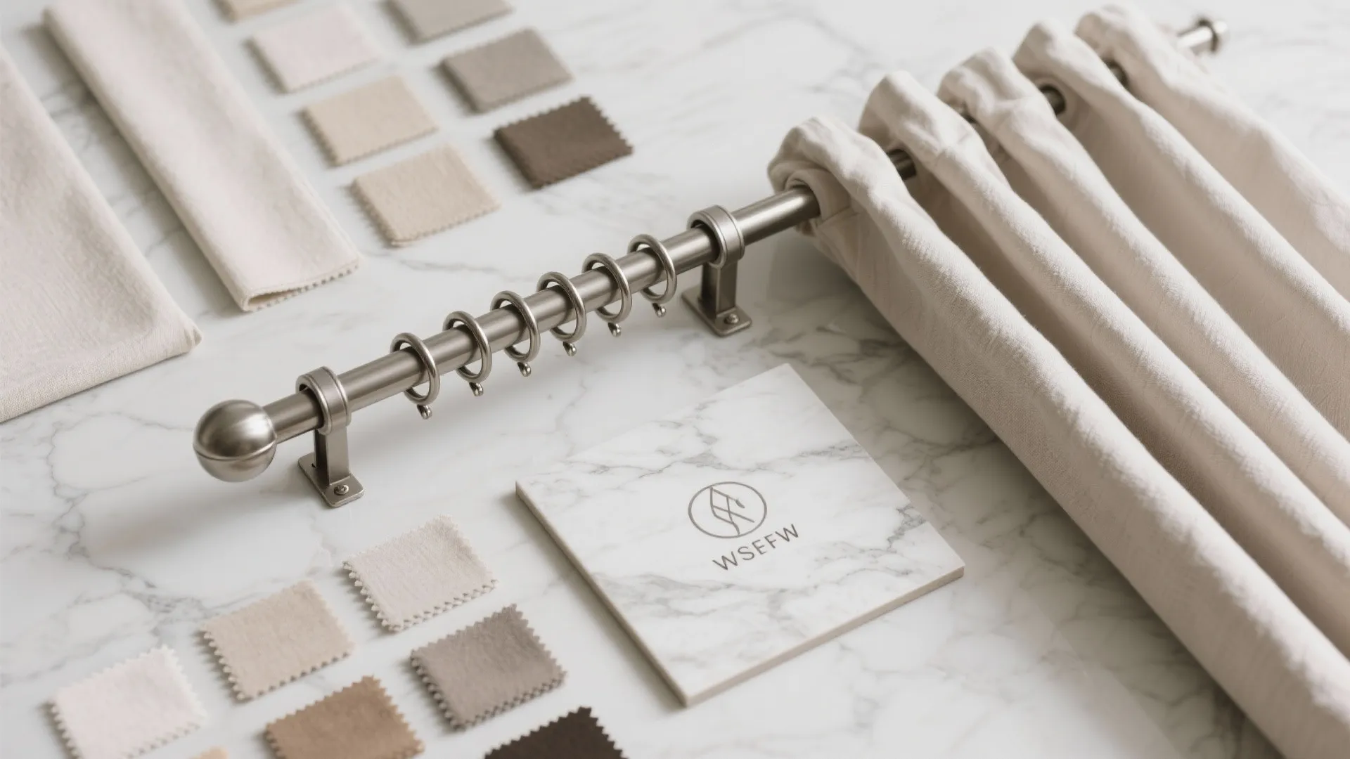 Metal curtain rod with rings and cream fabric samples on a white marble background surface