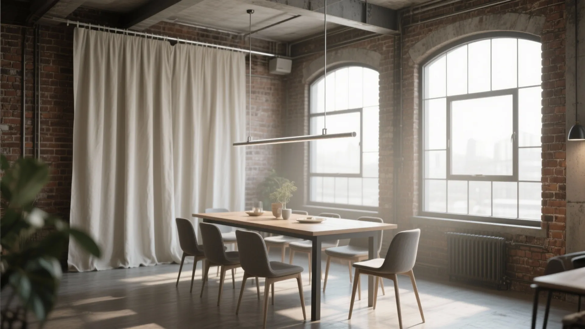 Industrial dining room with brick walls wooden table grey chairs long light fixture and curtains