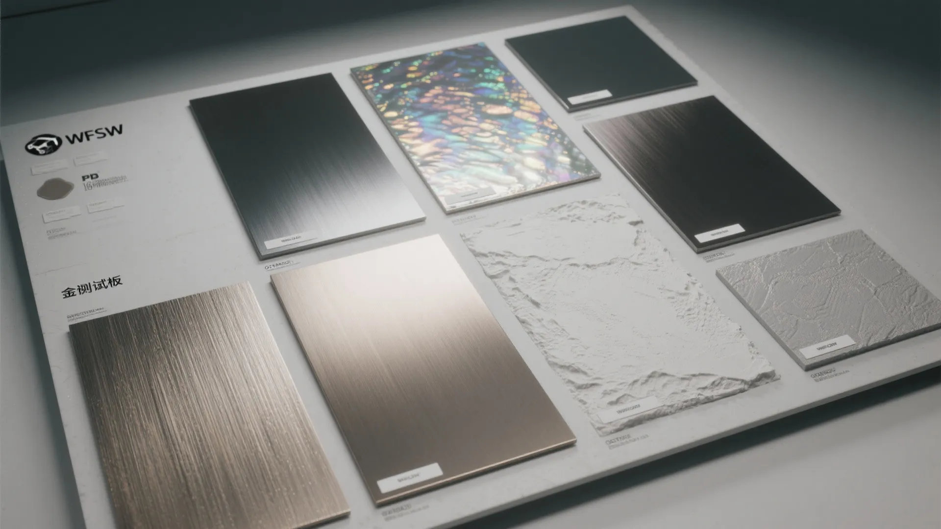 Test panels and mockup boards showing brushed, pearl, ombre and textured metallic paint samples under realistic lighting.