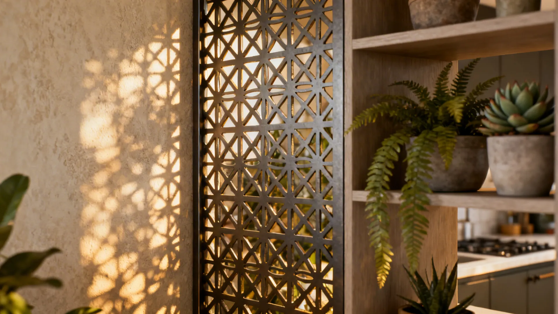 Decorative laser-cut metal screen dividing living space and kitchen with light passing through.