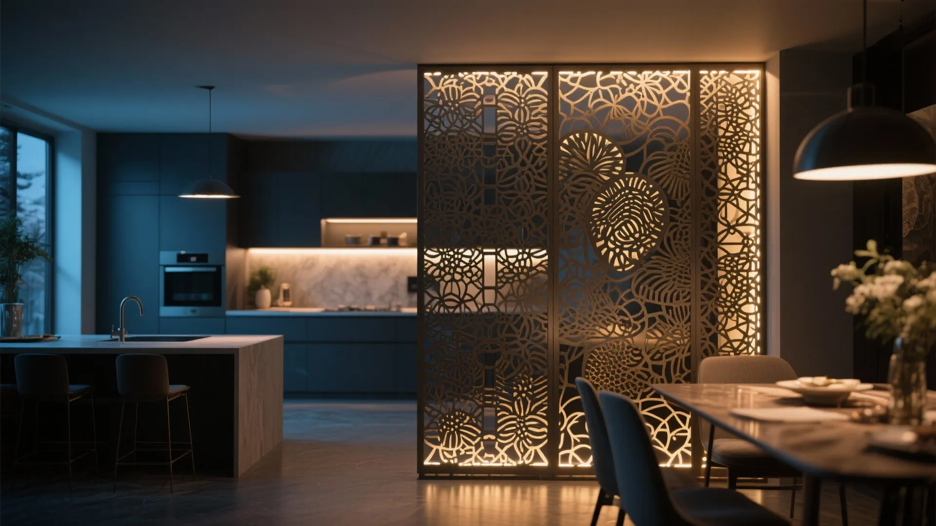 Decorative metal screen with floral patterns separating a dark kitchen from a cozy dining area
