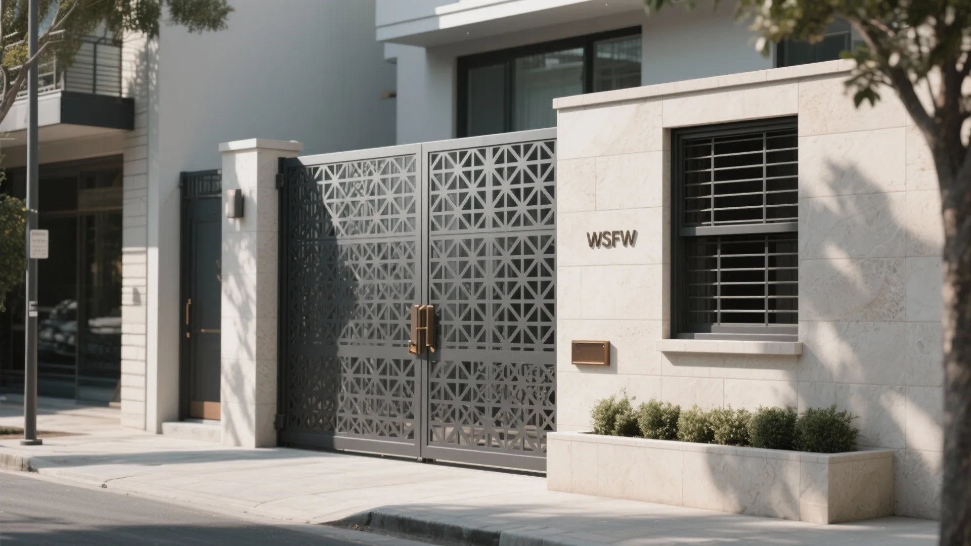 Large grey metal gate with geometric pattern next to a beige stone wall and window