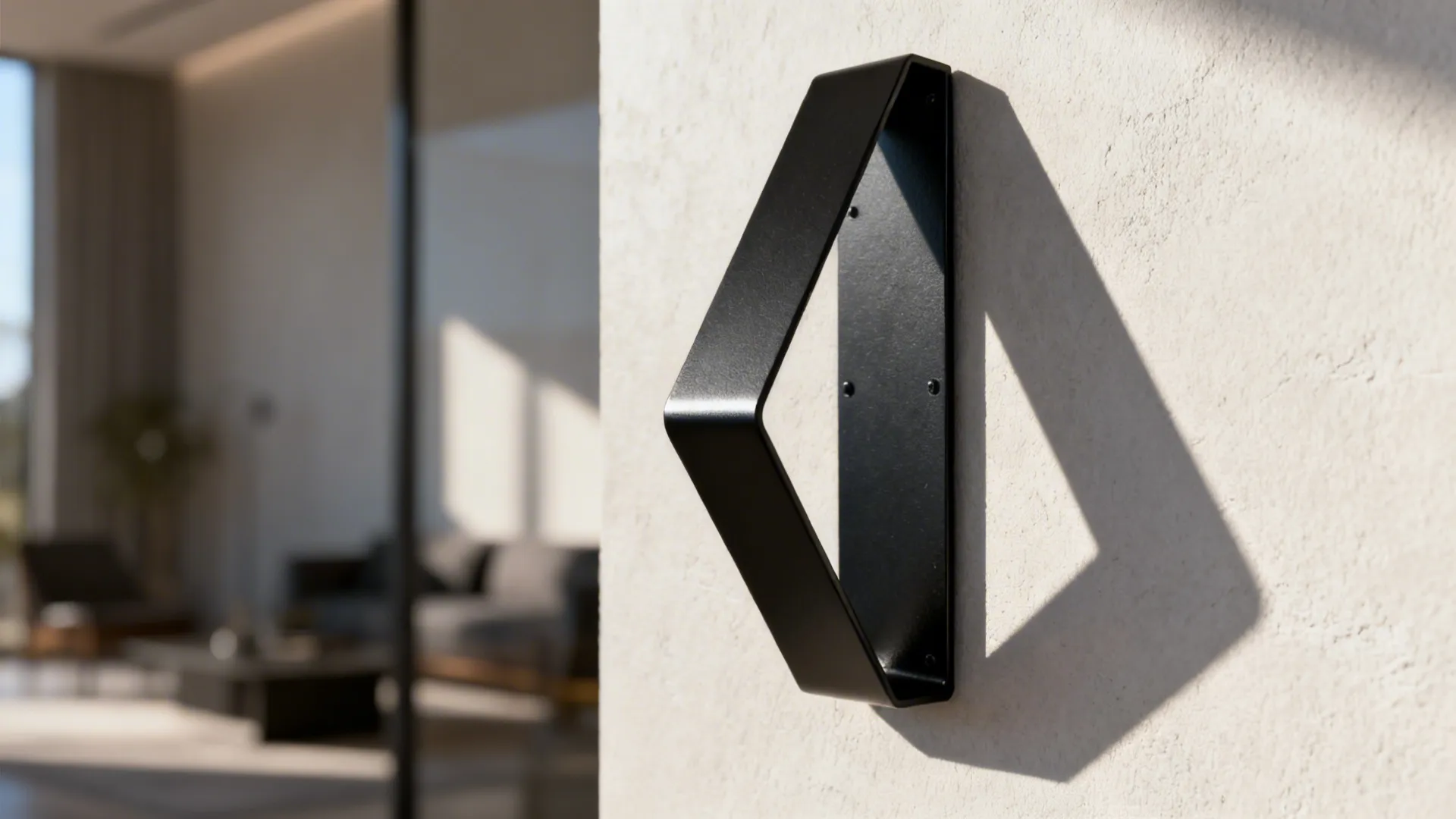 Powder-coated black metal wall sculpture casting sculptural shadows on a light wall.