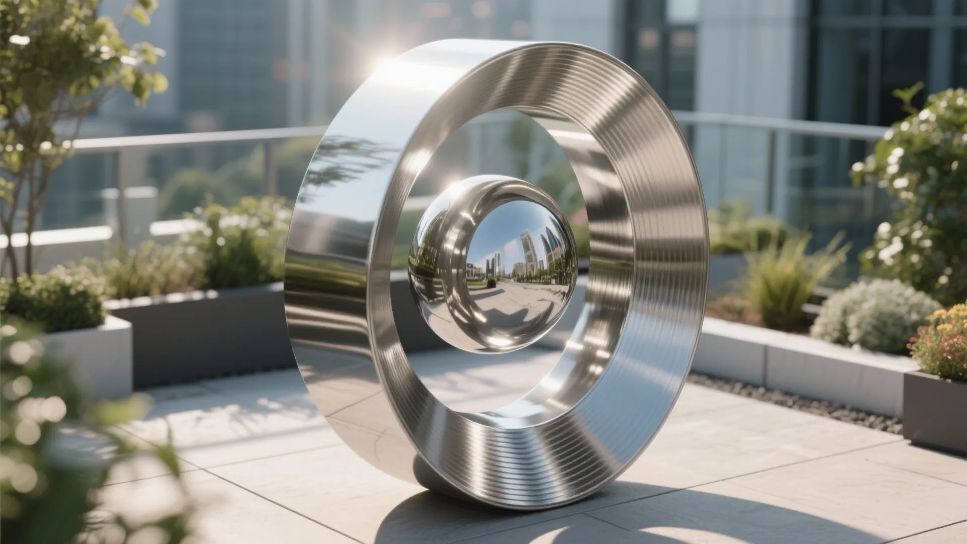 Shiny silver circular metal garden sculpture with a middle sphere on a modern rooftop patio