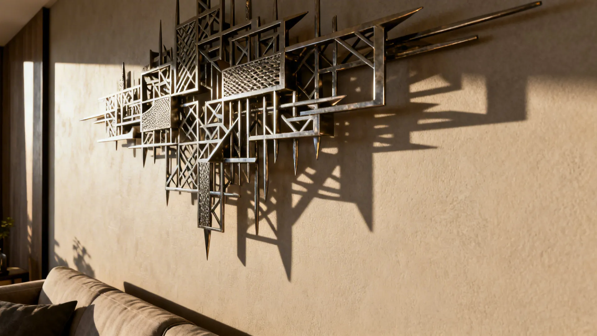 Metal sculptural wall piece casting dynamic shadows on a living room wall.