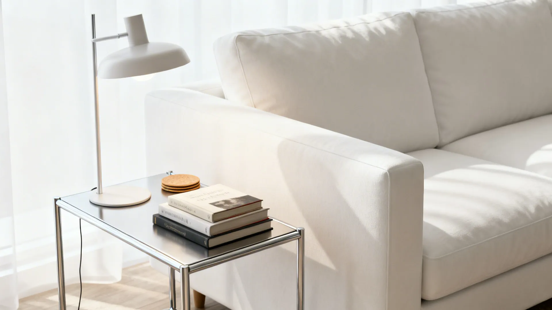 White sofa with a slim metal side table holding a lamp and books in a small living room