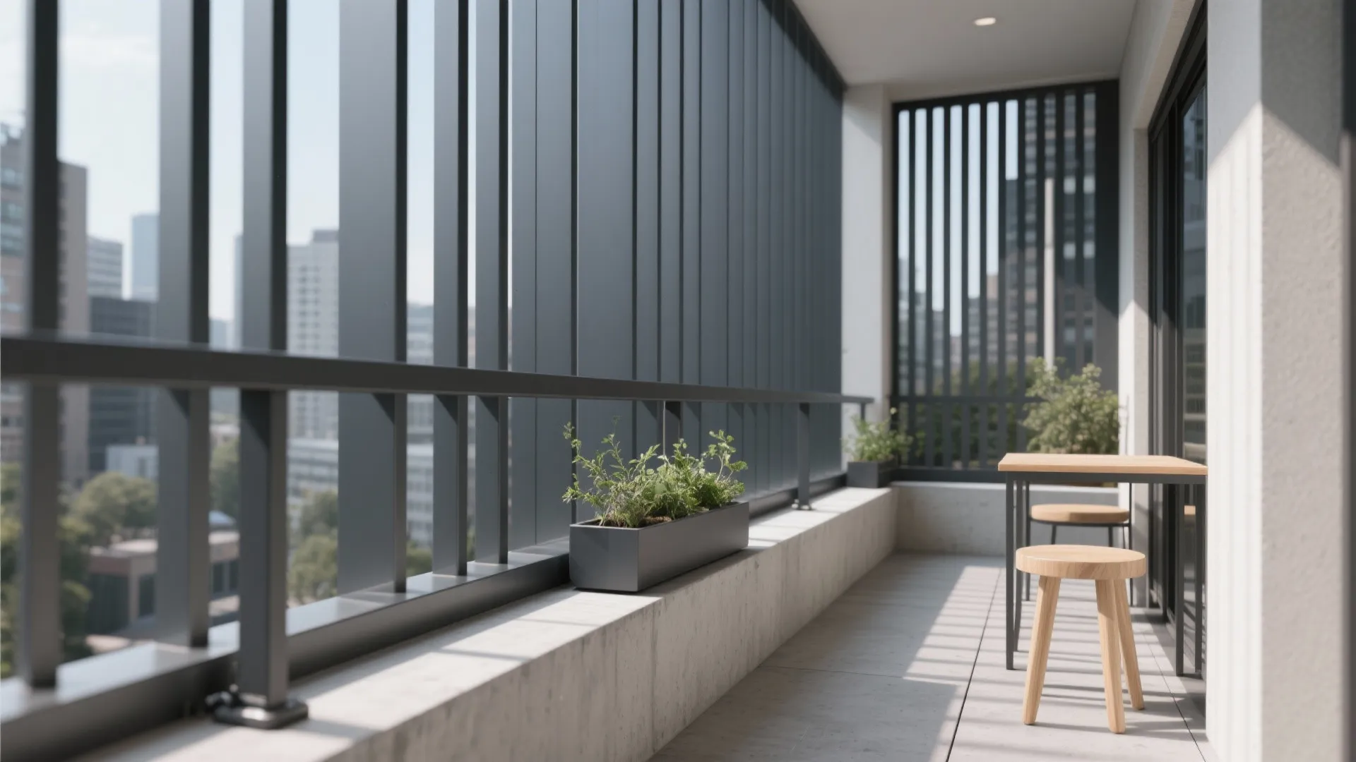 Slim vertical metal slats on a small balcony casting rhythmic shadows with clip-on planters.