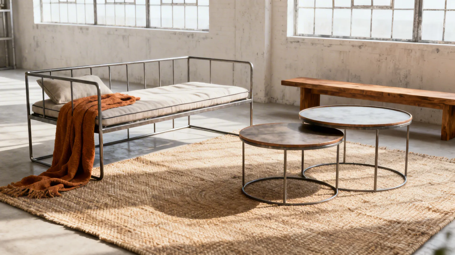 Minimal metal frame sofa with a bench and round nesting coffee tables in a light airy room.