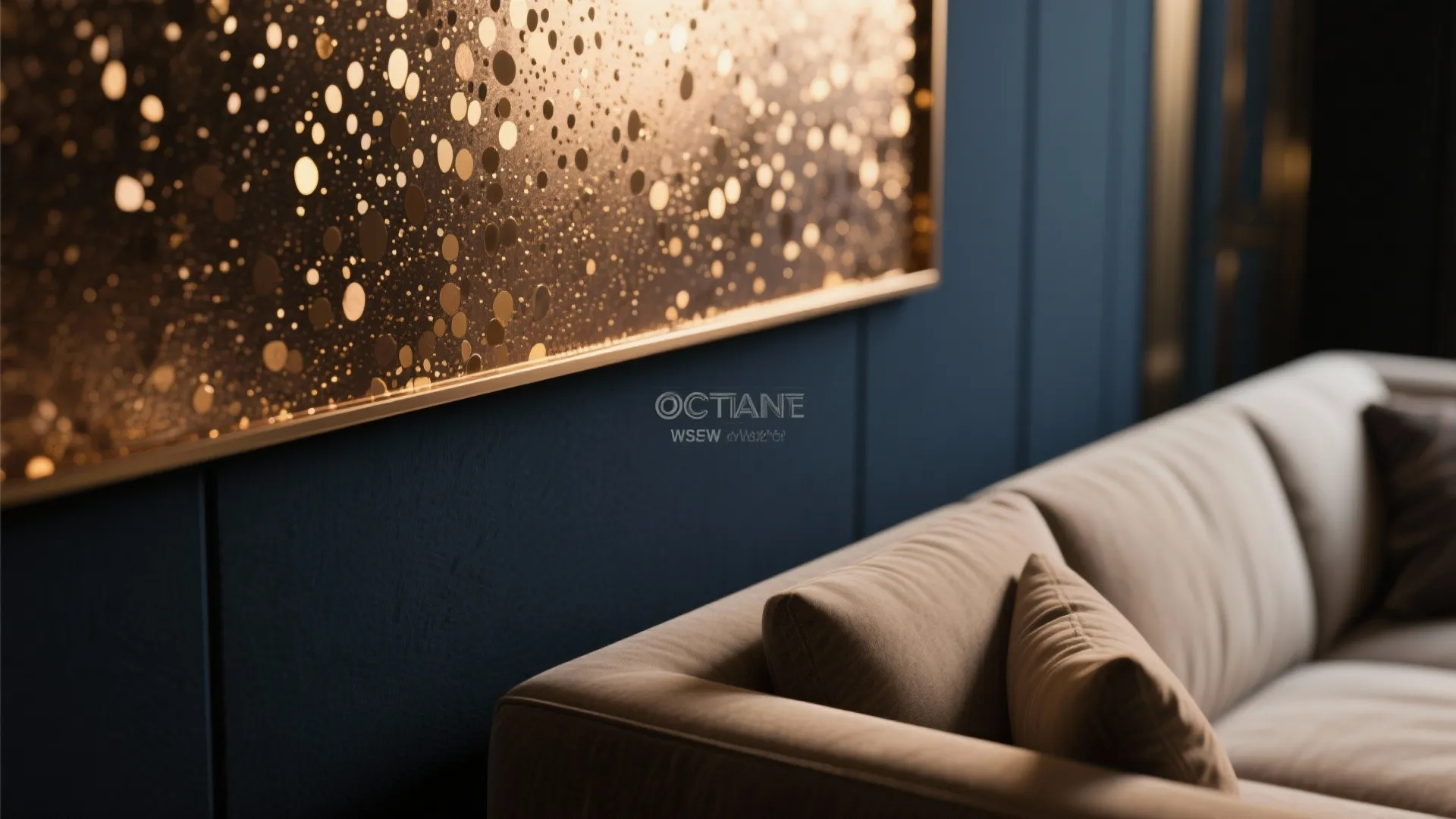Brown sofa placed next to a dark blue wall with a glowing gold textured decoration