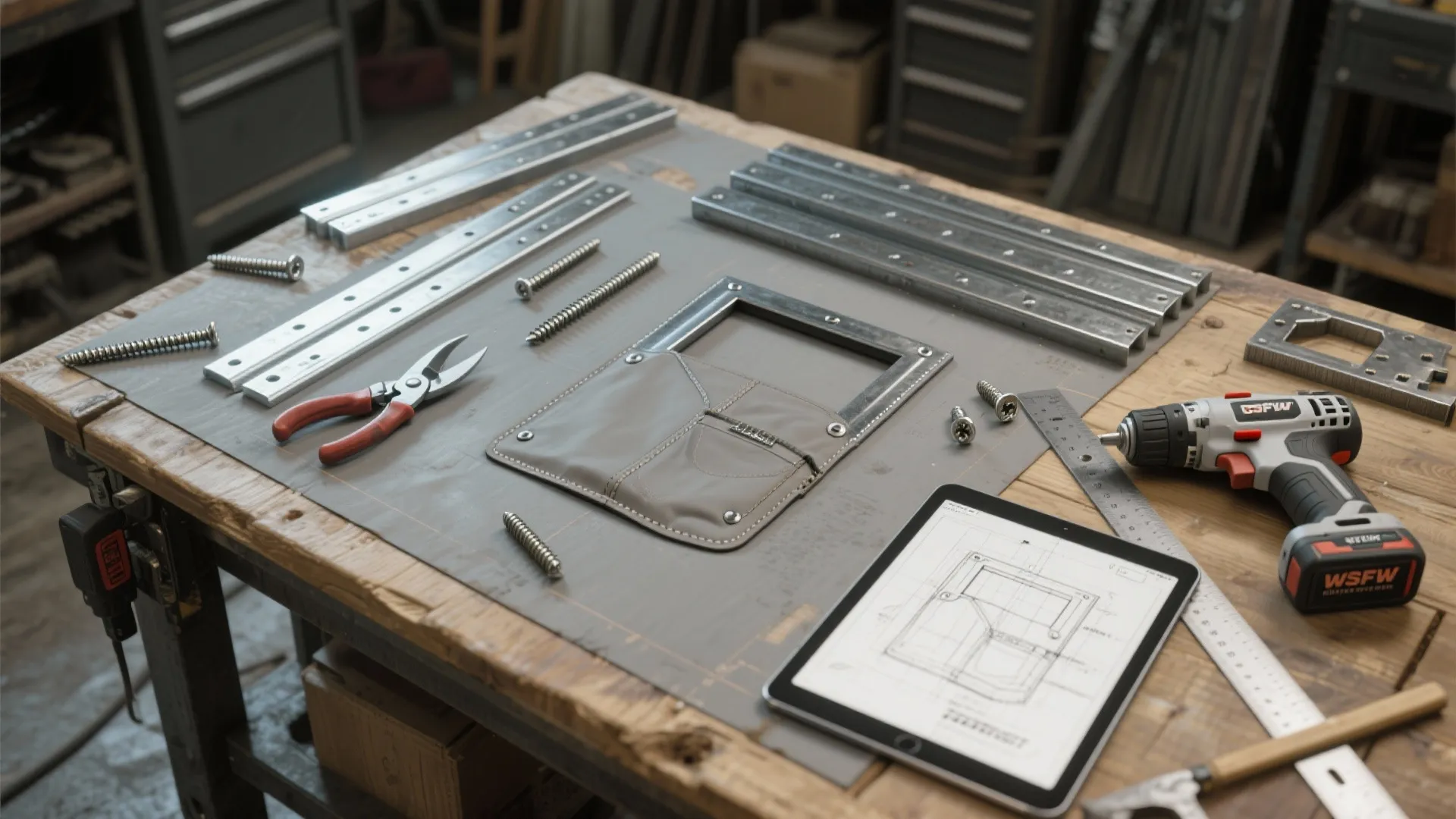 Tools and a tablet with design drawing on a wood workbench in a workshop for design