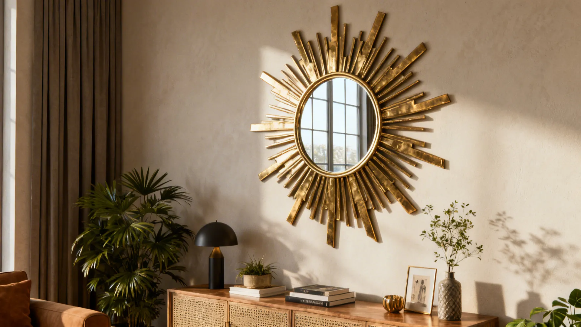 Sunburst brass mirror reflecting daylight and brightening a small living room.