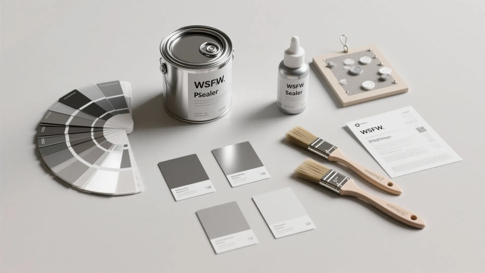 Top-down flatlay of silver paint swatches, primer, brushes, and sealer illustrating sheen options and materials.