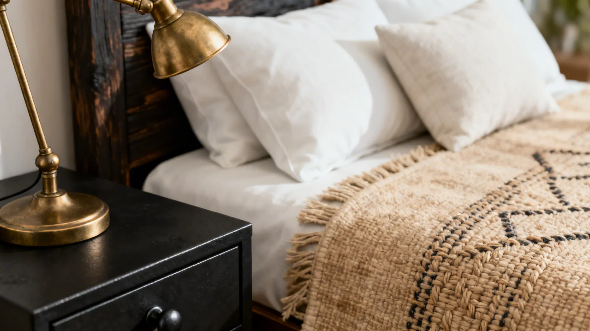 Close-up of a bed with white pillows woven blanket and brass lamp on black nightstand