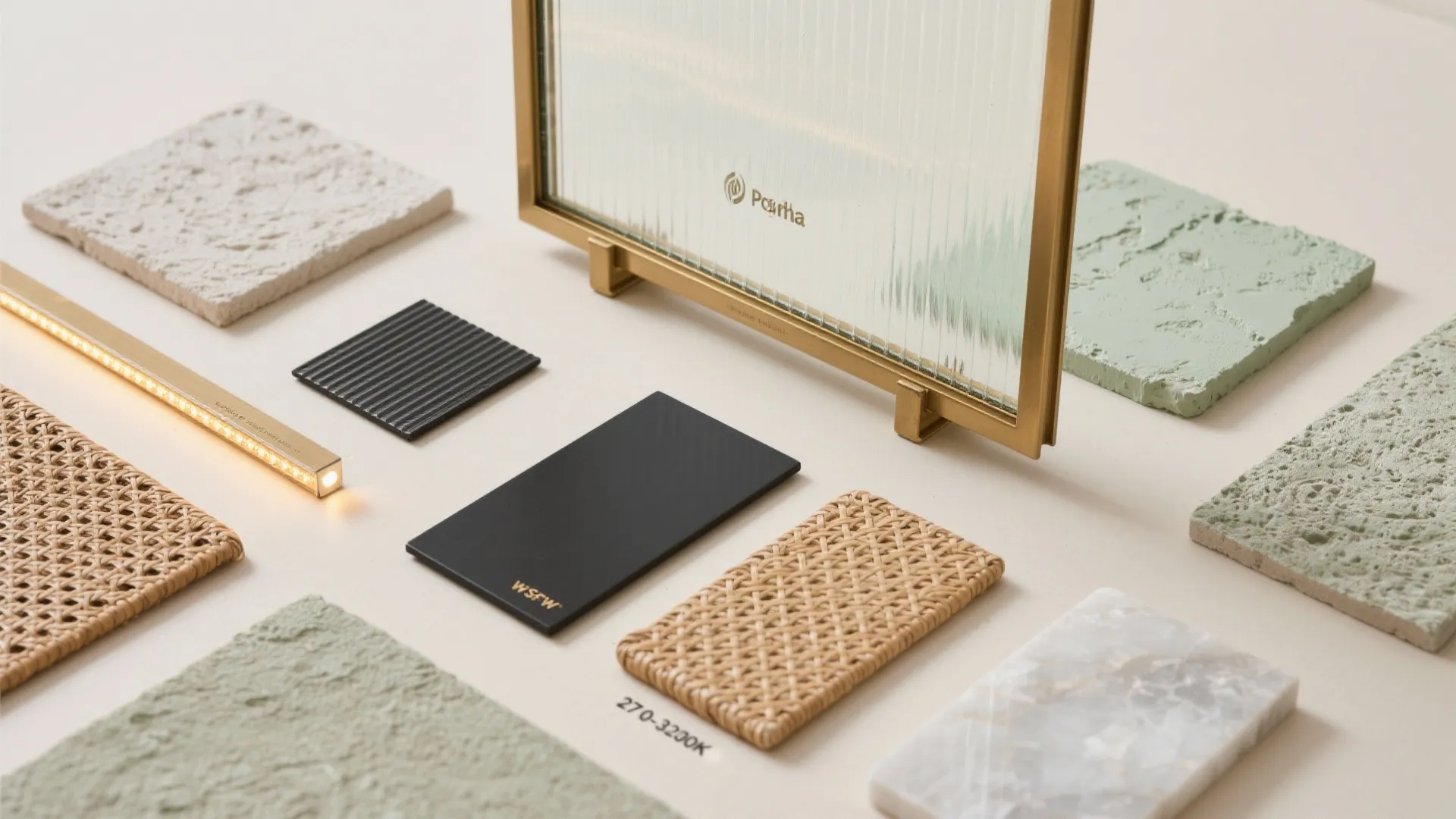 Flatlay of reeded glass, brass, black finish, lime plaster, microcement, cane, warm LED, and quartz samples.